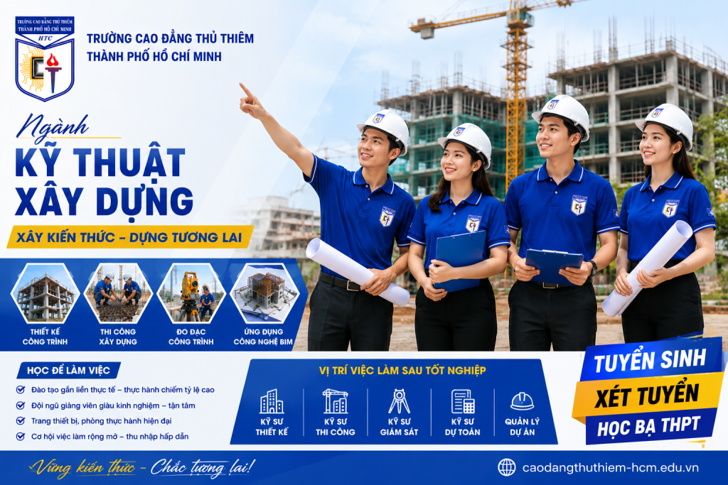 Sinh viên lựa chọn ngành Kỹ thuật Xây dựng tại Trường Cao đẳng Thủ Thiêm nhờ cơ hội việc làm rộng mở và chương trình đào tạo thực hành thực tế.