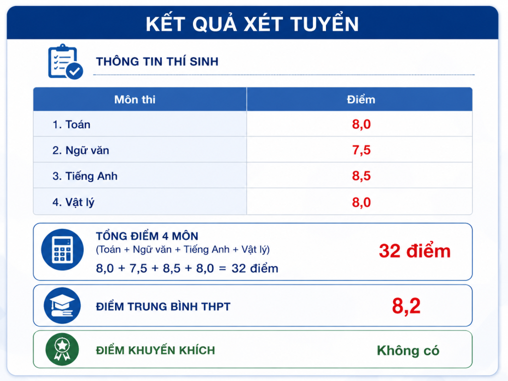 Minh họa cách tính điểm THPTQG 2026 thí sinh đạt 32 điểm xét tuyển 