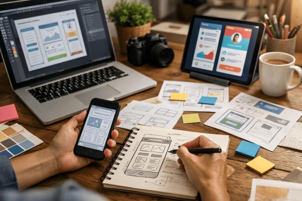 Đặt tại phần tối ưu UX, bố cục bài viết và thiết bị di động. Nên sử dụng hình minh họa giao diện website trên máy tính và điện thoại.